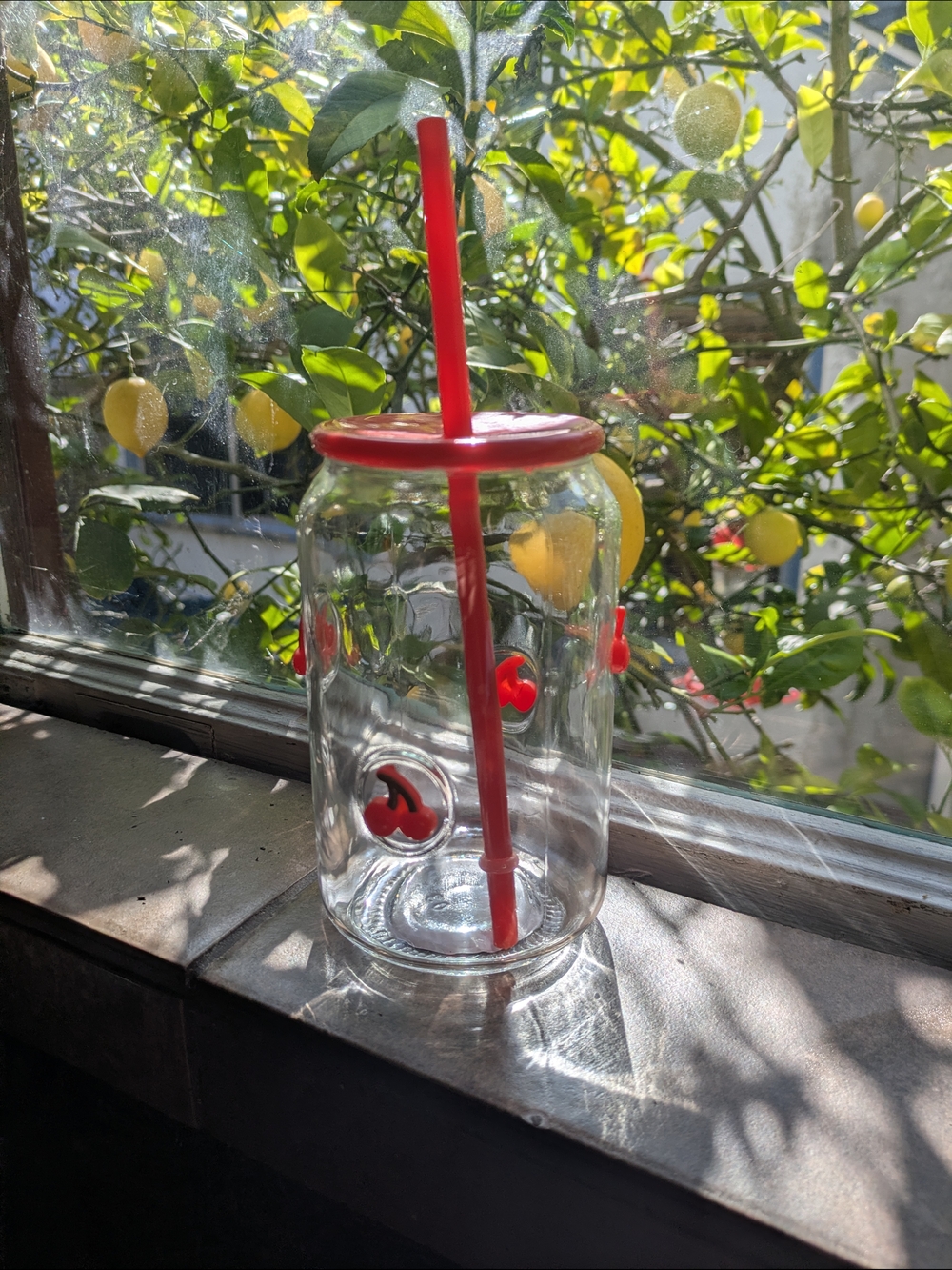 Glass Cherry Accent Jar with Red Lid and Straw - Picture 2 of 3